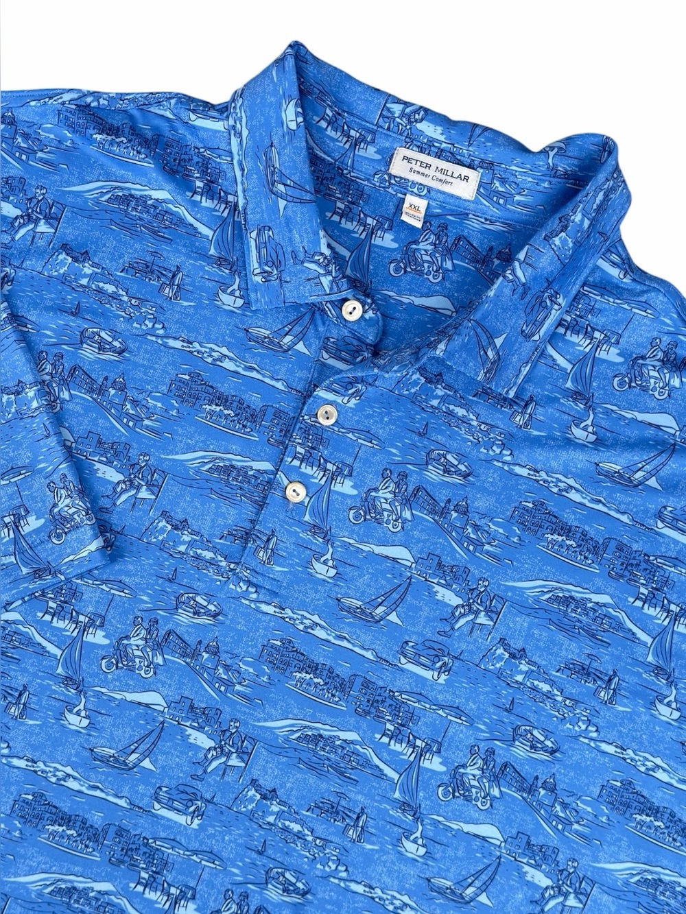 Peter Millar Summer Comfort Mens XXL Golf Polo Blue Italian Coastal Scenic Print